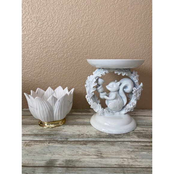 2X Bath & Body Works Candle Holders White Ceramic Squirrel & Marble-Style Lotus - Picture 1 of 14